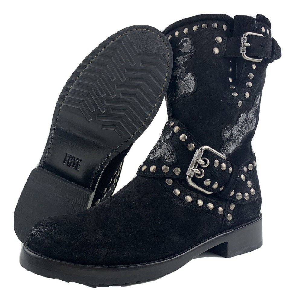 Womens‎ Frye Boots Size 6.5 Nat Flower Engineer Black Italian Leather Suede